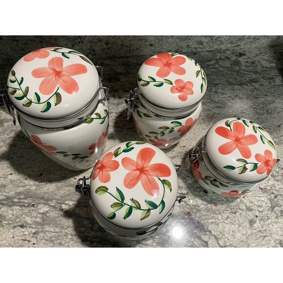 Canisters With Latched Lids Hand Painted Fruit Pattern Set of 4 Ceramic VTG - Picture 3 of 8